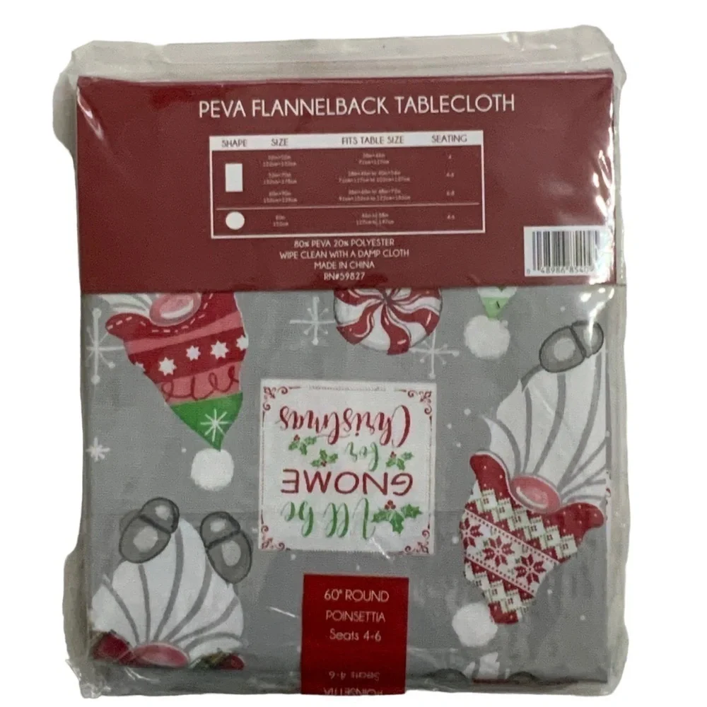 Holly Homes Christmas Tablecloth Gnome Festive Holiday Round 60 inch